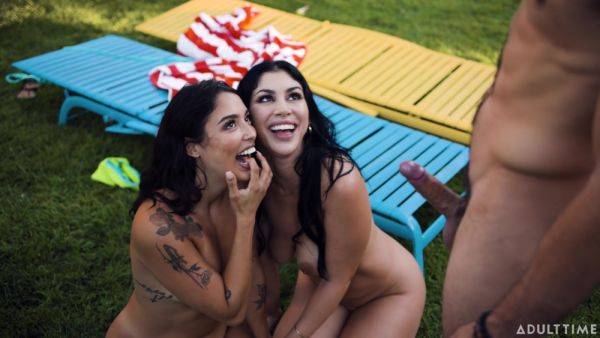 Nude babes share dick in backyard FFM scenes and swallow cum togther - xbabe.com on gratisflix.com