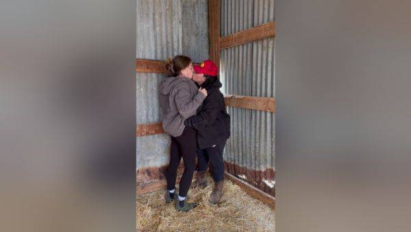 Sexy Lesbian Farmers Kiss And Touch Each Other In The Barn - videomanysex.com on gratisflix.com