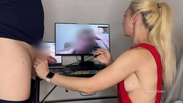 Blonde Anastasia Ocean gives stepmom a close-up view of her husband's big cock on webcam, discussing its impressive size in CFNM action. - veryfreeporn.com on gratisflix.com