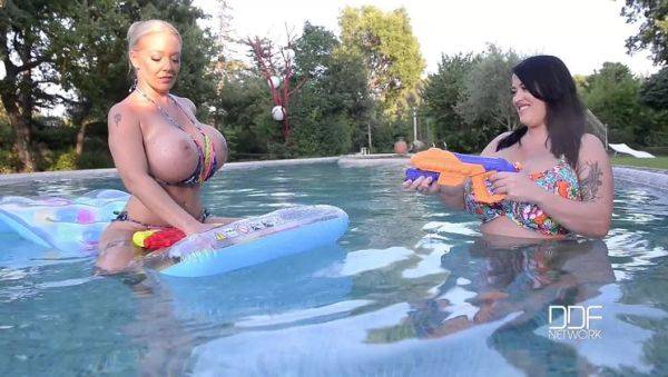 Floating Gazongas: Two British Bombshells With Big Tits In The Pool - porntry.com - Britain on gratisflix.com